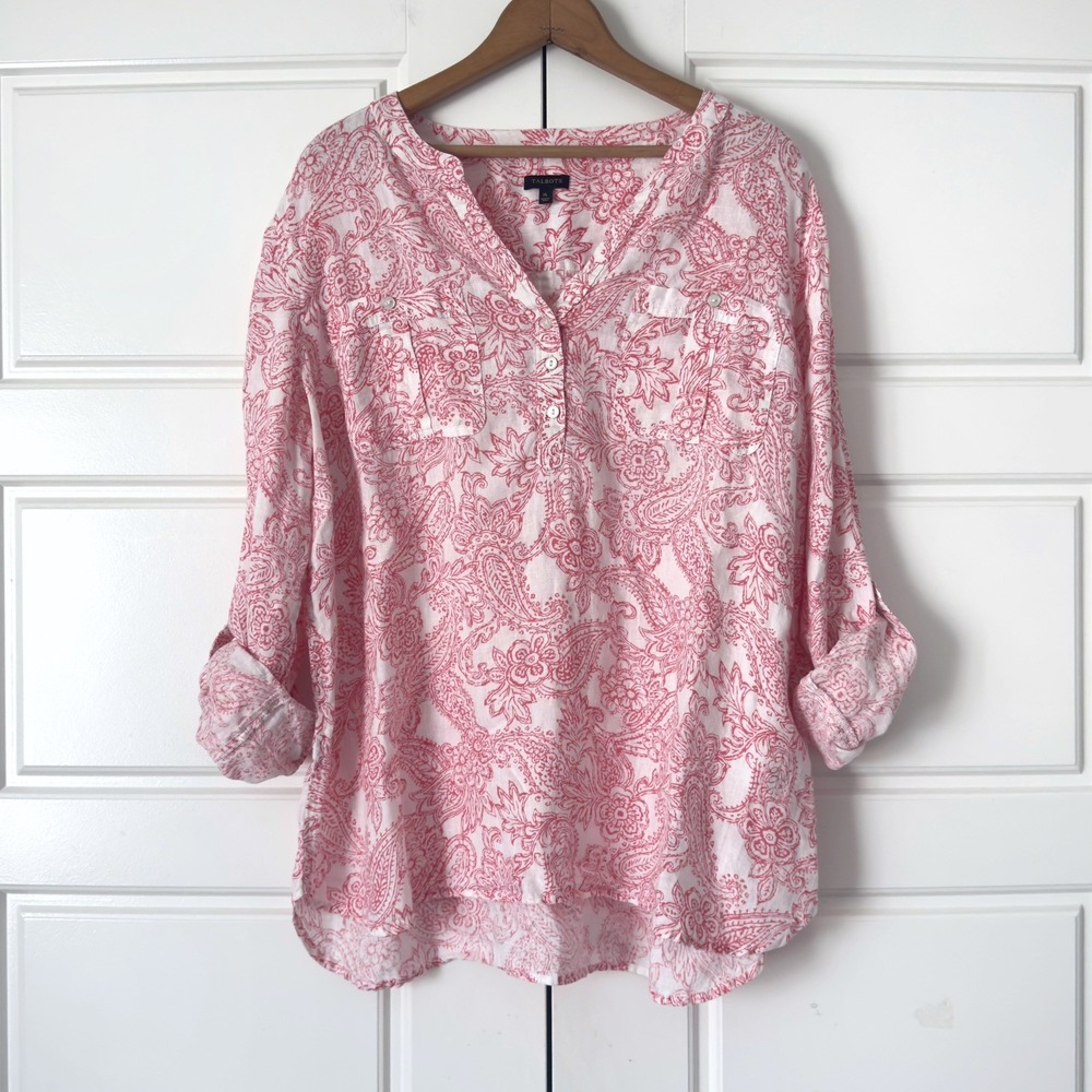 Talbots Linen Popover Tunic Top Womens XL Pink White Roll Tab Sleeves Pockets